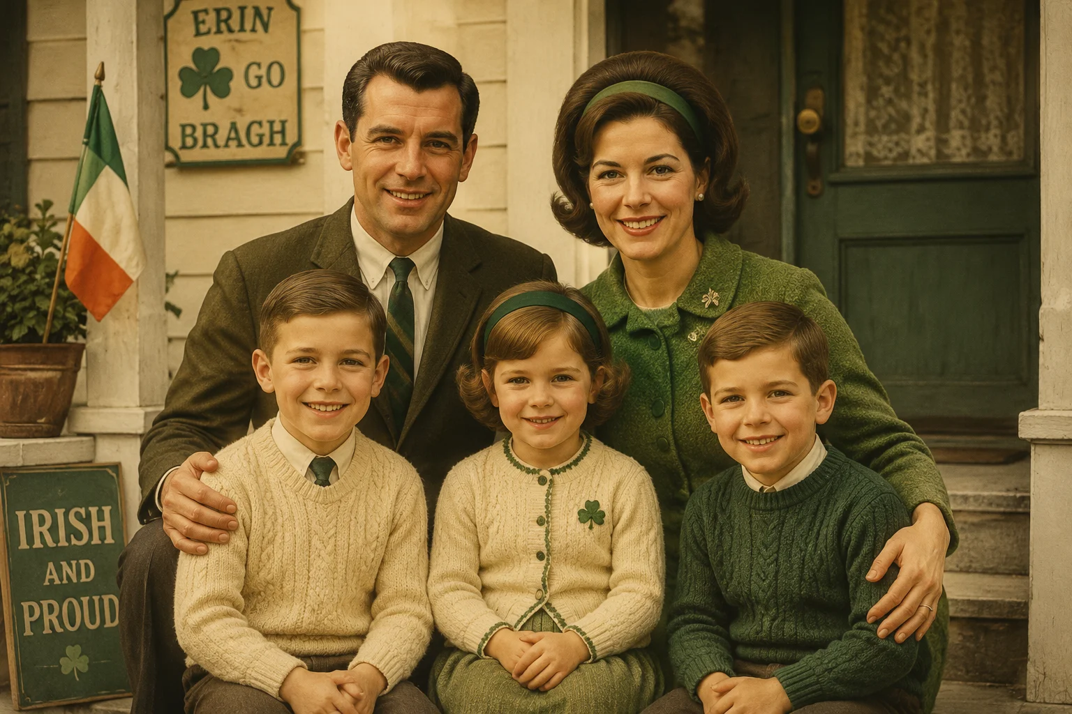 Vintage-style illustration of a 1960s Irish-American family portrait on a front porch, children in knit sweaters, soft sepia and green tones.