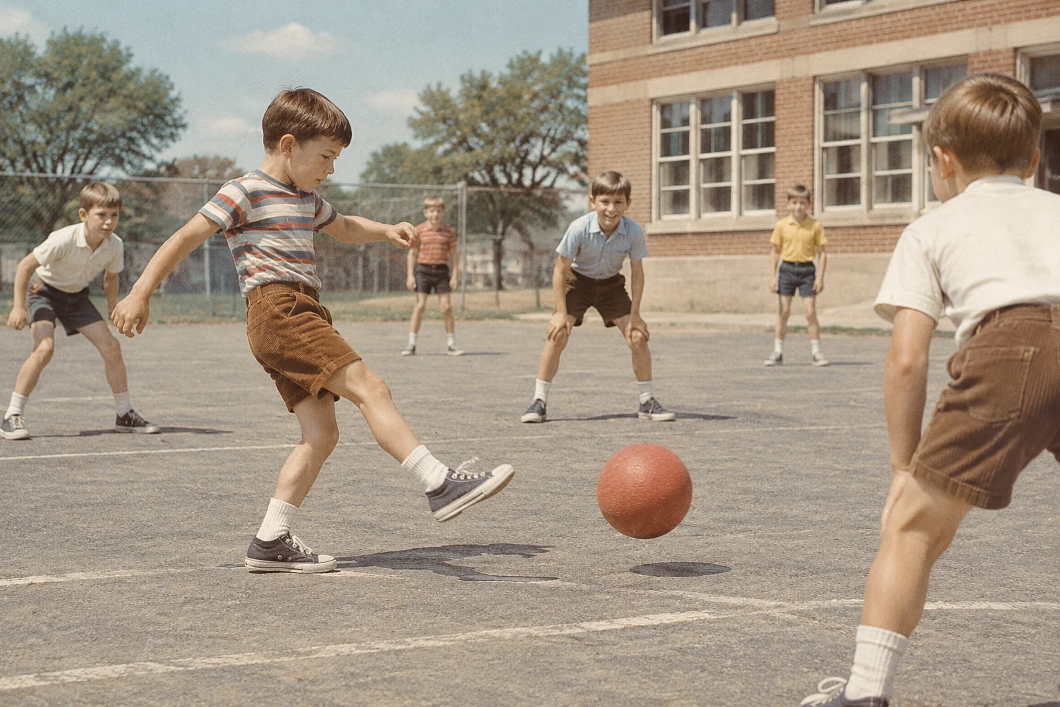 Vintage-style illustration of a 1960s schoolyard kickball game, boys in corduroy shorts and canvas sneakers, soft faded Kodachrome colors.