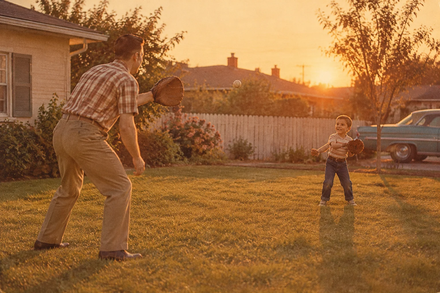 Vintage-style illustration of a 1960s suburban backyard at golden hour, a father and young son playing catch with a baseball glove, faded film-photo colors.