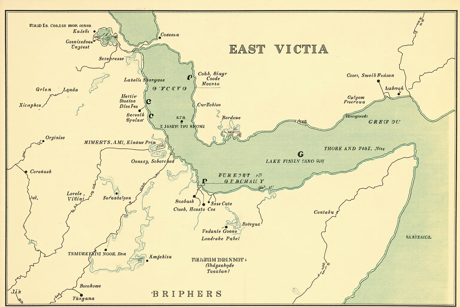 Vintage-style map illustration of East Africa highlighting the region around Lake Victoria and the village of Kashasha in Tanganyika (modern Tanzania), muted colors, aged paper texture, educational and safe for work.