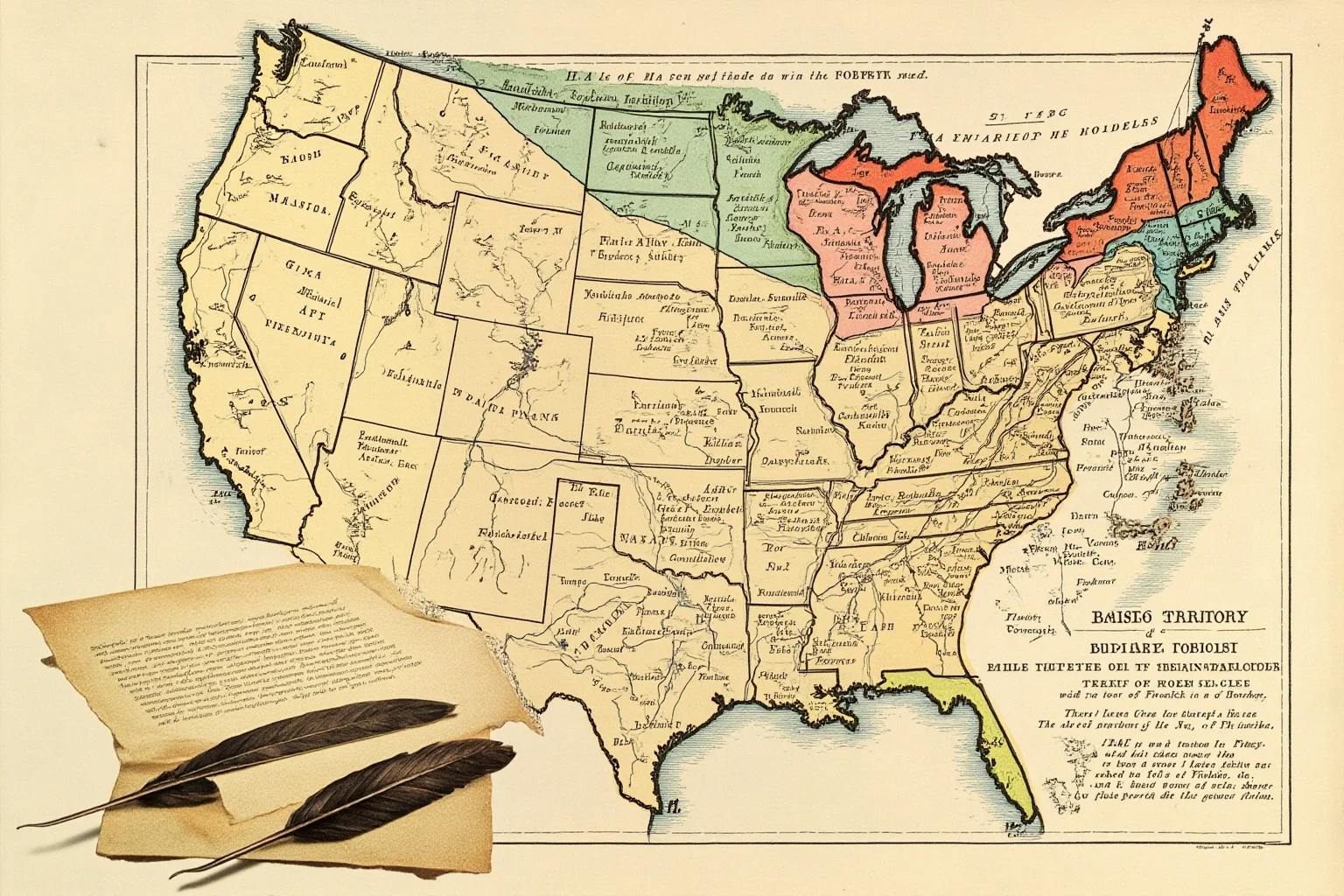 Vintage-style map illustration showing the vast Louisiana Territory in color next to the original thirteen states, with a quill pen and parchment treaty in the foreground