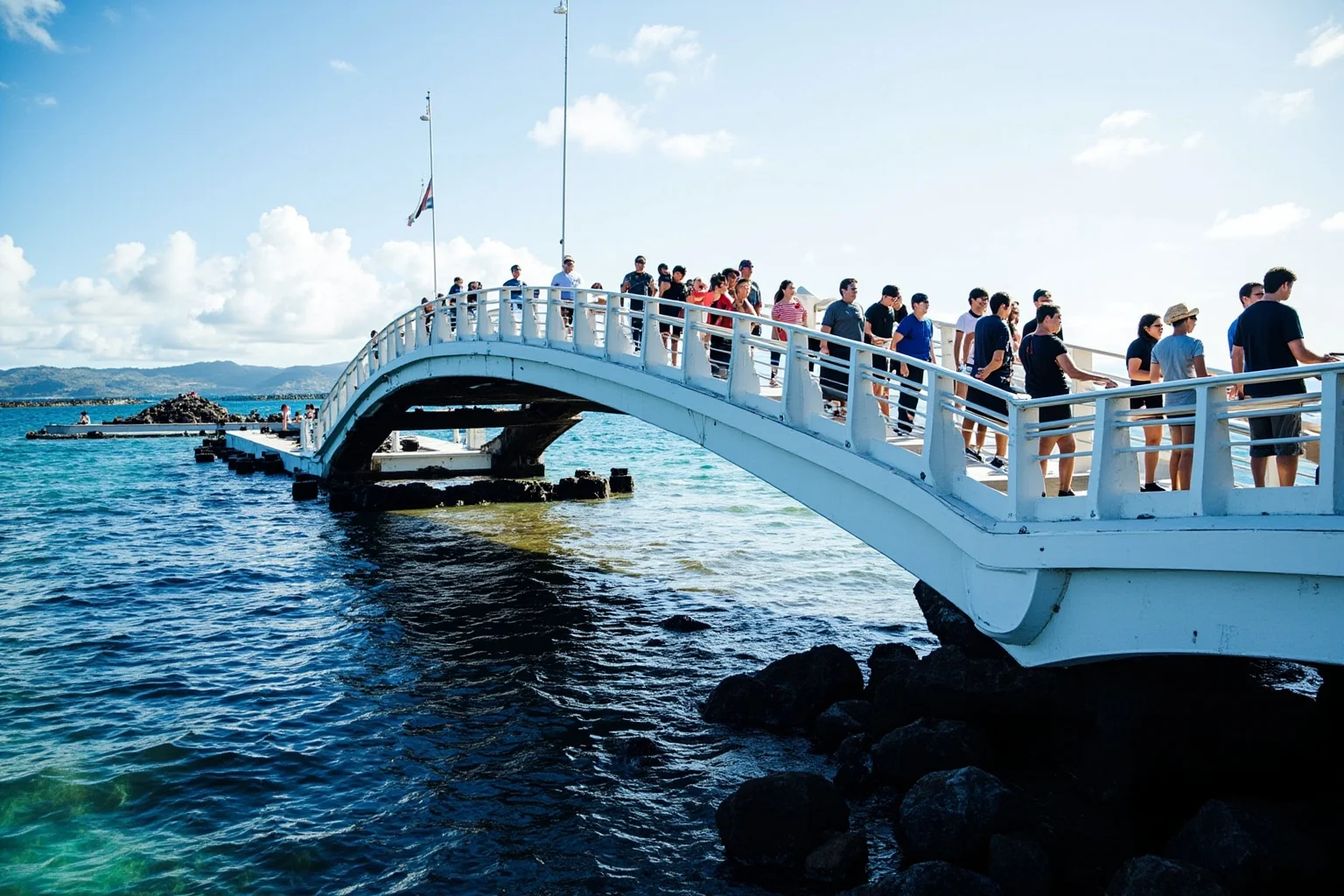 Visitors on a white memorial bridge over a sunken battleship in a Hawaiian harbor, modern day, respectful documentary style