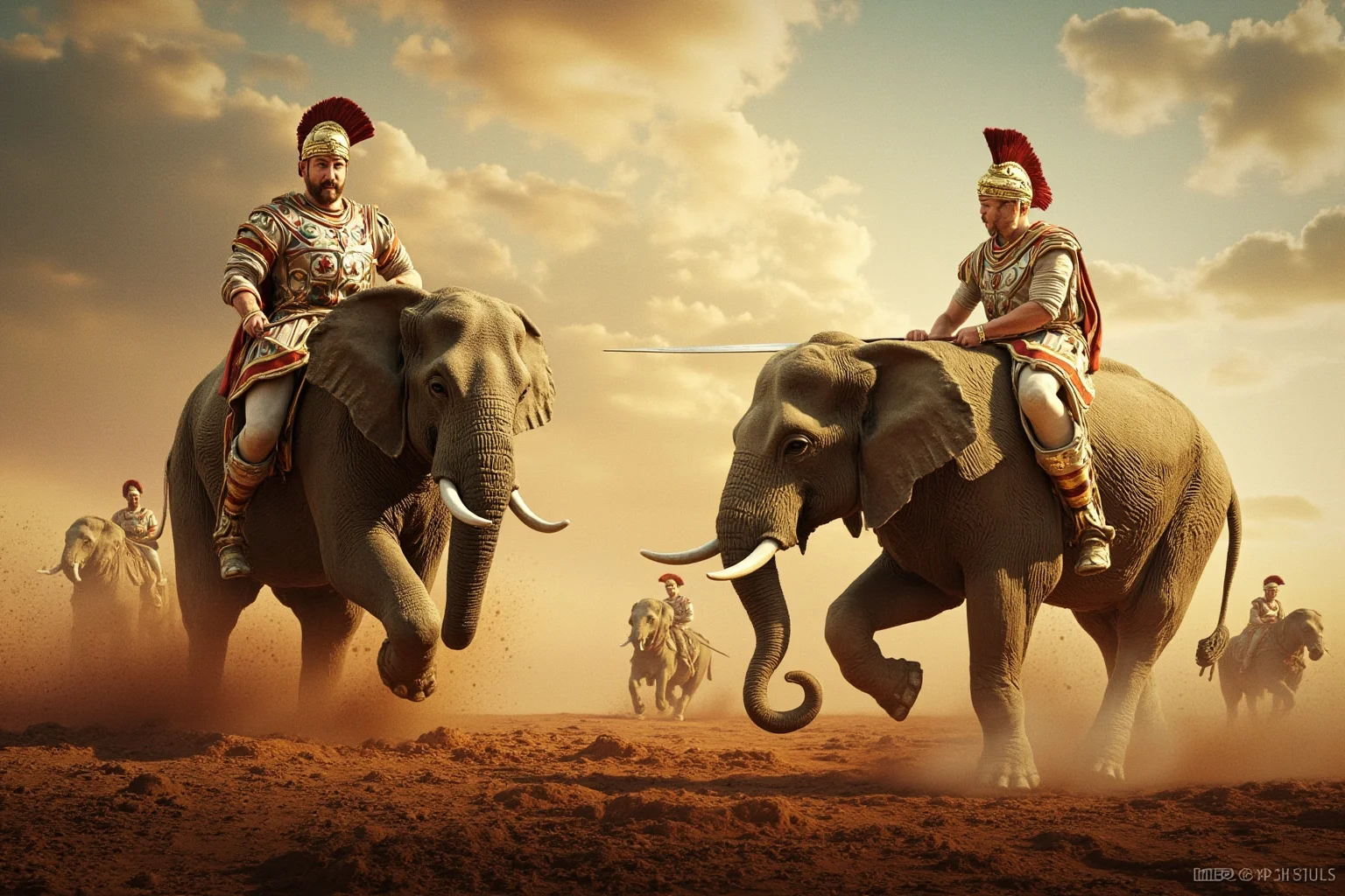 Military Tactics That Seemed Brilliant: 20 That Were Pure Desperation 21 War elephants charging into a Roman infantry line, ancient battlefield, dust and chaos, classical historical art