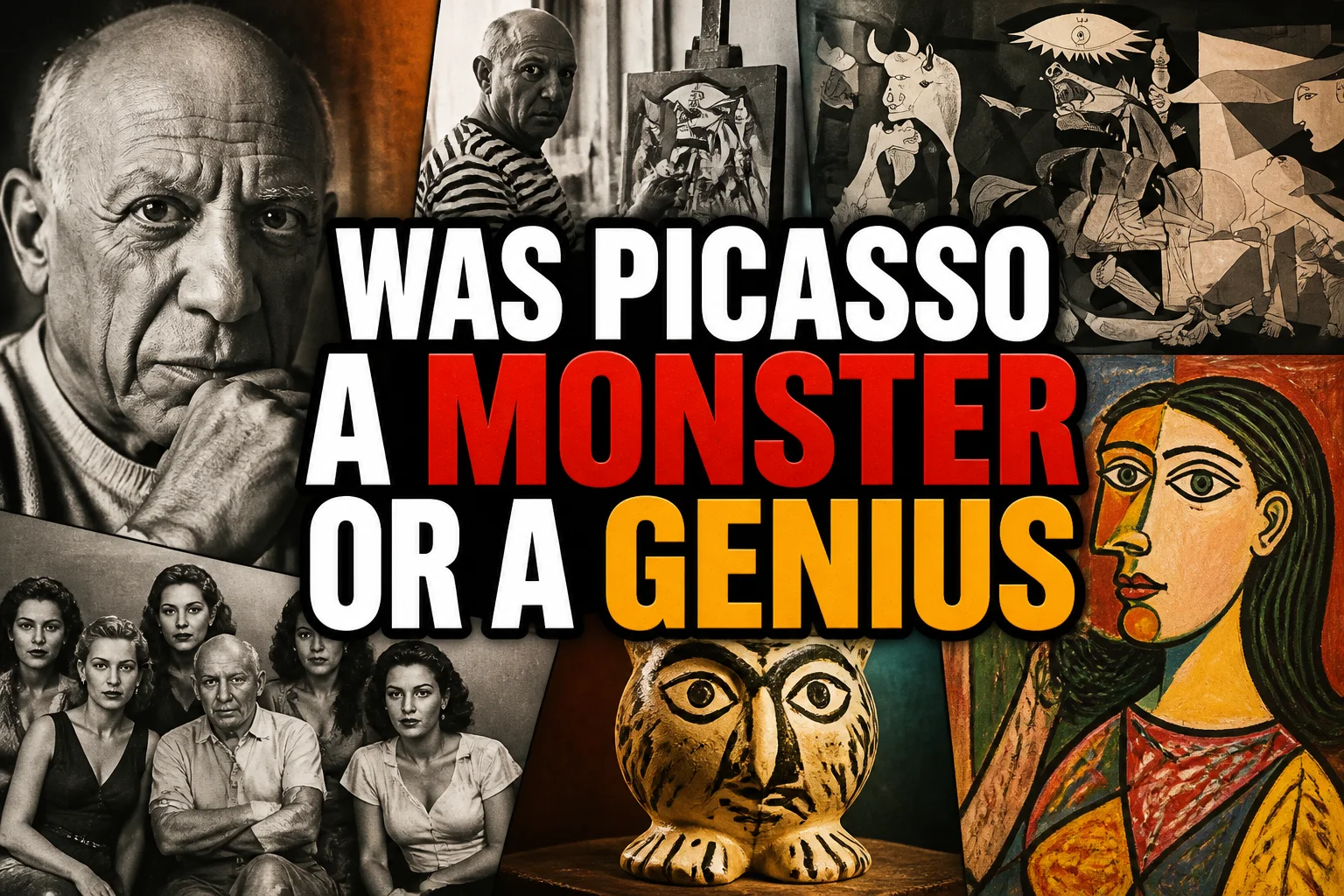 A bold, high-impact blog featured image in the style of a professional YouTube thumbnail or documentary poster. Create a dramatic photo-collage montage of 3-5 distinct historical scenes, subjects, or artifacts directly relevant to "Was Picasso a Monster or a Genius? 10 Reasons for Each Verdict" — vivid, cinematic documentary-photography style, rich color grading, high contrast, dynamic diagonal composition blending the scenes together. Overlay a large, bold, stacked headline of text on top reading exactly: "WAS PICASSO A MONSTER OR A GENIUS". Render the headline in a heavy, condensed, high-contrast font with a black outline/stroke for legibility, mixing white text with a single vibrant accent color (gold, red, or orange) on the most important word or phrase for emphasis, spelled correctly. The headline text must be the dominant visual element — large, bold, and easy to read even at small thumbnail size. Vibrant, punchy, professional commercial photography and graphic-design composition. 16:9 landscape. Keep the headline text within the vertical center safe zone, away from the very top and bottom edges of the frame, since the image may be cropped afterward. No watermarks, no logos, no extra captions or invented text beyond the headline itself.