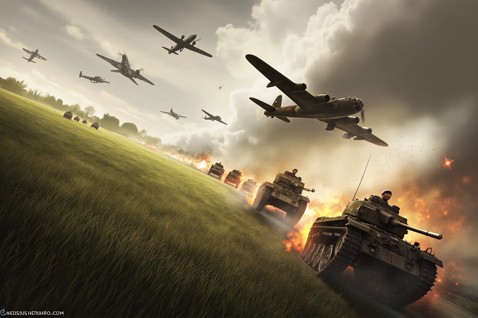 The Turning Point? 20 Facts About the Battle of Normandy 17 Wave of heavy bombers over a French countryside followed by armored vehicles surging through a gap in the line, dramatic WWII illustration