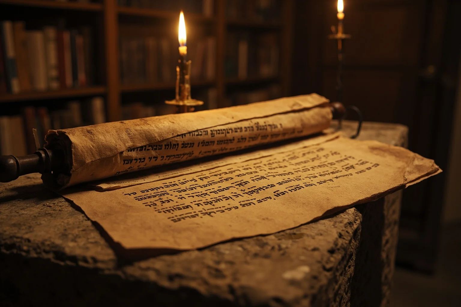 Weathered Hebrew scroll with prophetic script on a stone table in a lamplit ancient study, scholarly atmosphere