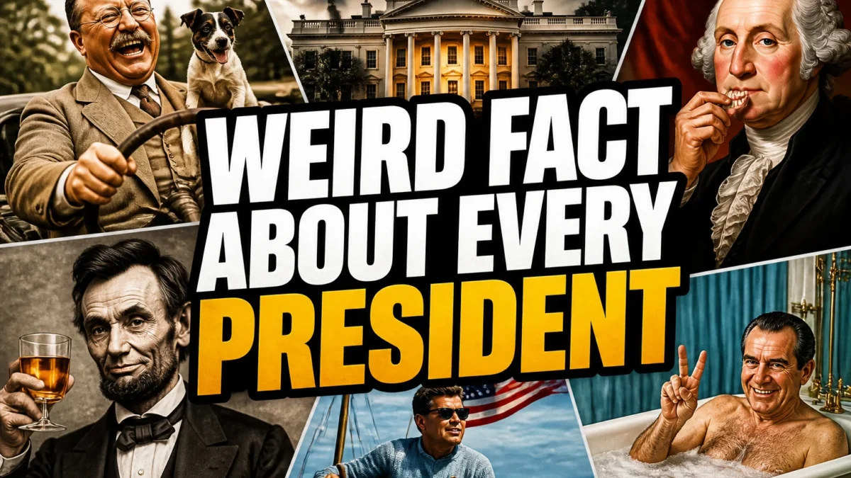 A bold, high-impact blog featured image in the style of a professional YouTube thumbnail or documentary poster. Create a dramatic photo-collage montage of 3-5 distinct historical scenes, subjects, or artifacts directly relevant to "Weird Fact About Every U.S. President: 24 Unusual, Funny, and Lesser-Known Presidential Facts" — vivid, cinematic documentary-photography style, rich color grading, high contrast, dynamic diagonal composition blending the scenes together. Overlay a large, bold, stacked headline of text on top reading exactly: "WEIRD FACT ABOUT EVERY PRESIDENT". Render the headline in a heavy, condensed, high-contrast font with a black outline/stroke for legibility, mixing white text with a single vibrant accent color (gold, red, or orange) on the most important word or phrase for emphasis, spelled correctly. The headline text must be the dominant visual element — large, bold, and easy to read even at small thumbnail size. Vibrant, punchy, professional commercial photography and graphic-design composition. 16:9 landscape. Keep the headline text within the vertical center safe zone, away from the very top and bottom edges of the frame, since the image may be cropped afterward. No watermarks, no logos, no extra captions or invented text beyond the headline itself.