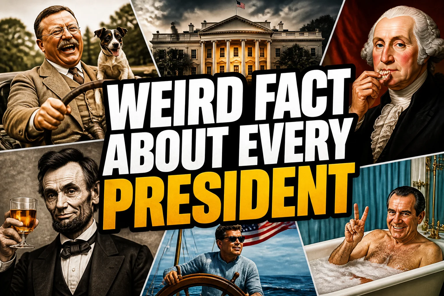 A bold, high-impact blog featured image in the style of a professional YouTube thumbnail or documentary poster. Create a dramatic photo-collage montage of 3-5 distinct historical scenes, subjects, or artifacts directly relevant to "Weird Fact About Every U.S. President: 24 Unusual, Funny, and Lesser-Known Presidential Facts" — vivid, cinematic documentary-photography style, rich color grading, high contrast, dynamic diagonal composition blending the scenes together. Overlay a large, bold, stacked headline of text on top reading exactly: "WEIRD FACT ABOUT EVERY PRESIDENT". Render the headline in a heavy, condensed, high-contrast font with a black outline/stroke for legibility, mixing white text with a single vibrant accent color (gold, red, or orange) on the most important word or phrase for emphasis, spelled correctly. The headline text must be the dominant visual element — large, bold, and easy to read even at small thumbnail size. Vibrant, punchy, professional commercial photography and graphic-design composition. 16:9 landscape. Keep the headline text within the vertical center safe zone, away from the very top and bottom edges of the frame, since the image may be cropped afterward. No watermarks, no logos, no extra captions or invented text beyond the headline itself.