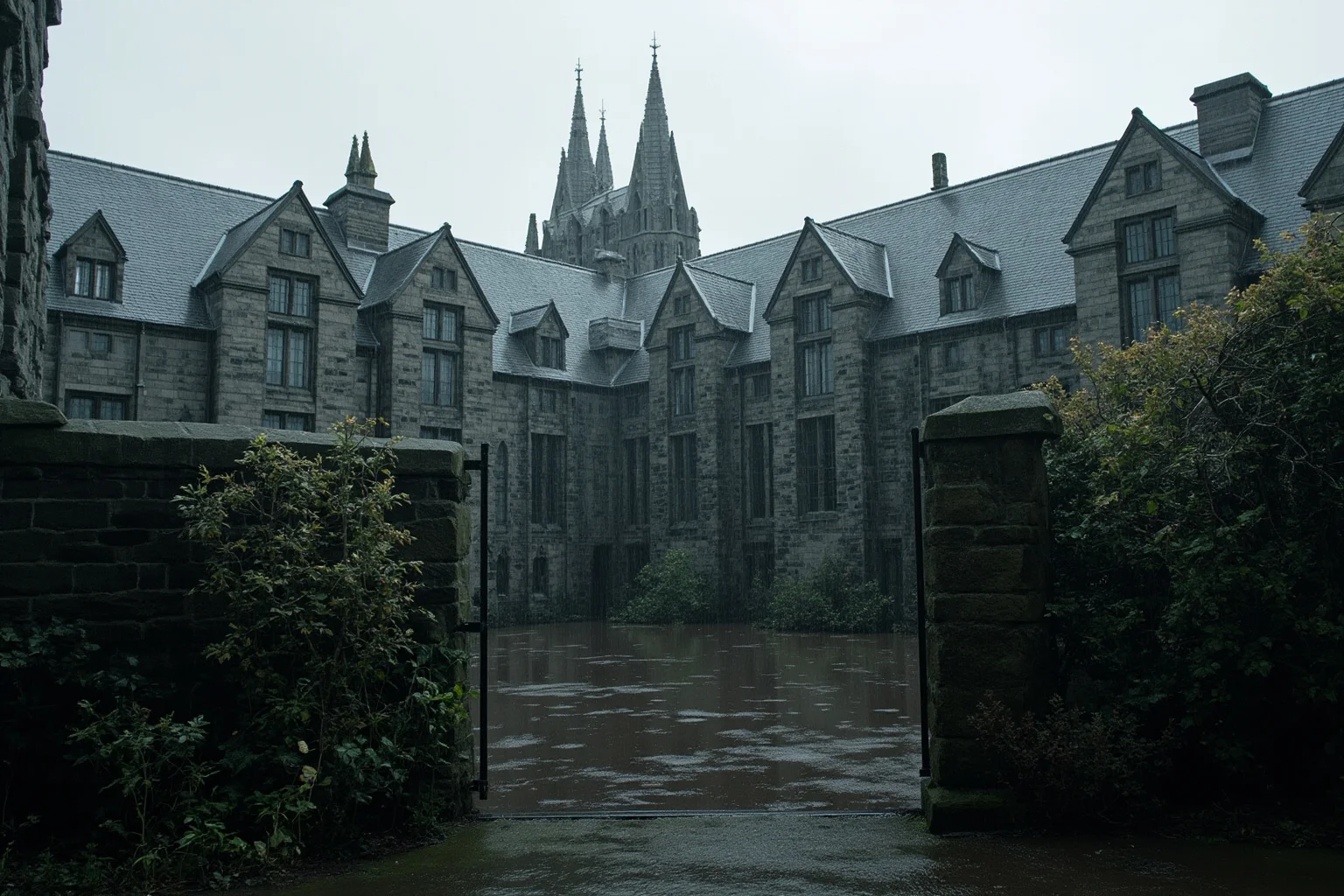 Welsh Gothic asylum with steep slate roofs and a chapel spire, wet stone, grey drizzle, overgrown shrubs, no people, photorealistic.