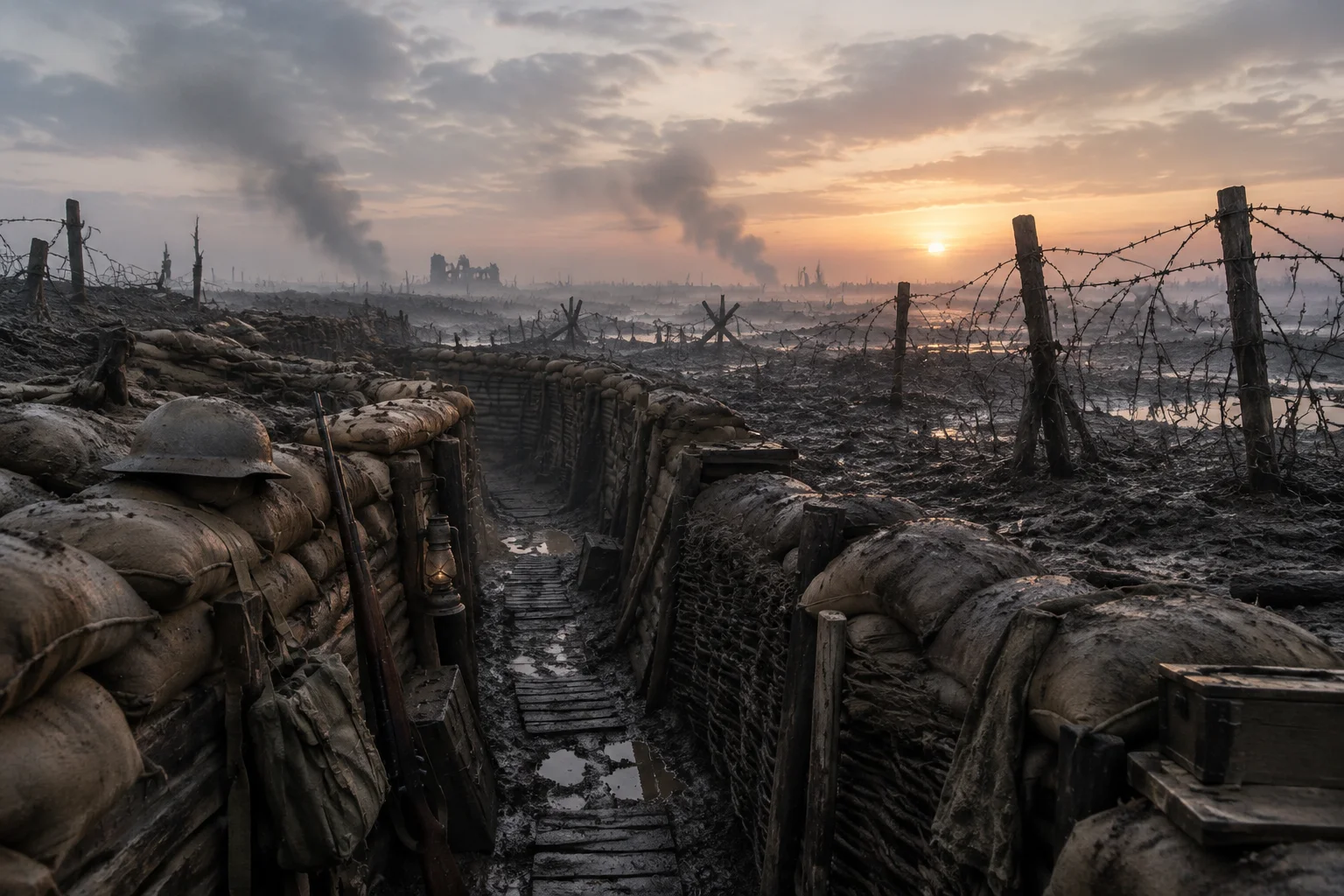 The Single Worst Time Period in Human History? What the Evidence Actually Shows 15 Western Front trench in World War I, barbed wire and muddy battlefield at dawn, faded khaki and gray palette.