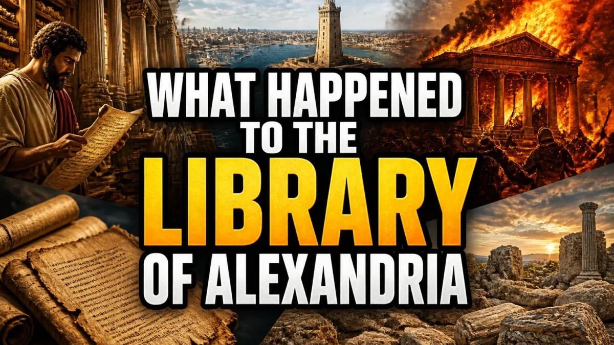 A bold, high-impact blog featured image in the style of a professional YouTube thumbnail or documentary poster. Create a dramatic photo-collage montage of 3-5 distinct historical scenes, subjects, or artifacts directly relevant to "What Actually Happened to the Library of Alexandria?" — vivid, cinematic documentary-photography style, rich color grading, high contrast, dynamic diagonal composition blending the scenes together. Overlay a large, bold, stacked headline of text on top reading exactly: "WHAT HAPPENED TO THE LIBRARY OF ALEXANDRIA". Render the headline in a heavy, condensed, high-contrast font with a black outline/stroke for legibility, mixing white text with a single vibrant accent color (gold, red, or orange) on the most important word or phrase for emphasis, spelled correctly. The headline text must be the dominant visual element — large, bold, and easy to read even at small thumbnail size. Vibrant, punchy, professional commercial photography and graphic-design composition. 16:9 landscape. Keep the headline text within the vertical center safe zone, away from the very top and bottom edges of the frame, since the image may be cropped afterward. No watermarks, no logos, no extra captions or invented text beyond the headline itself.