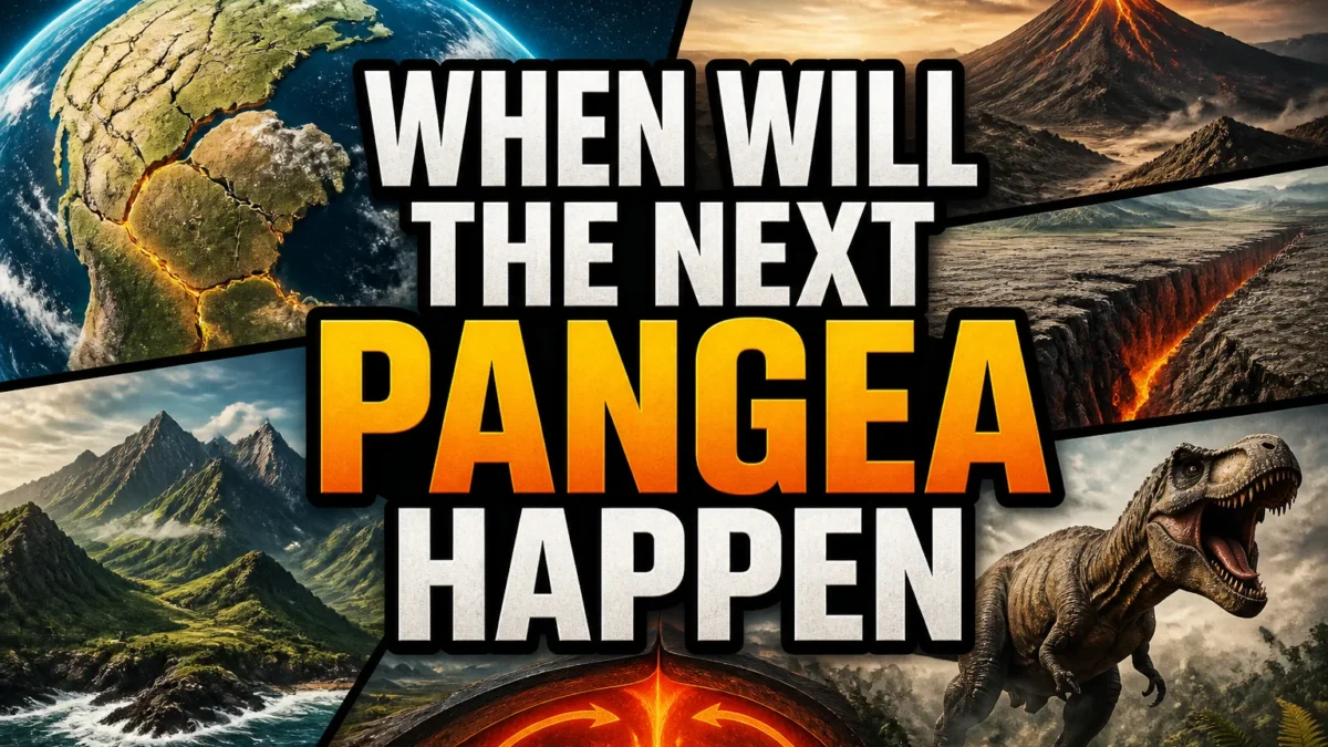 A bold, high-impact blog featured image in the style of a professional YouTube thumbnail or documentary poster. Create a dramatic photo-collage montage of 3-5 distinct historical scenes, subjects, or artifacts directly relevant to "When Will the Next Pangea Happen? The Future Supercontinent Explained" — vivid, cinematic documentary-photography style, rich color grading, high contrast, dynamic diagonal composition blending the scenes together. Overlay a large, bold, stacked headline of text on top reading exactly: "WHEN WILL THE NEXT PANGEA HAPPEN". Render the headline in a heavy, condensed, high-contrast font with a black outline/stroke for legibility, mixing white text with a single vibrant accent color (gold, red, or orange) on the most important word or phrase for emphasis, spelled correctly. The headline text must be the dominant visual element — large, bold, and easy to read even at small thumbnail size. Vibrant, punchy, professional commercial photography and graphic-design composition. 16:9 landscape. Keep the headline text within the vertical center safe zone, away from the very top and bottom edges of the frame, since the image may be cropped afterward. No watermarks, no logos, no extra captions or invented text beyond the headline itself.
