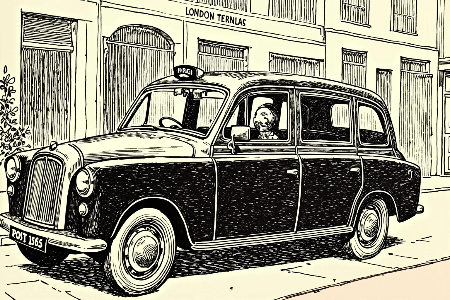 Whimsical period illustration of a London taxi on a Edwardian-era street with a small glass sphere tumbling out of the window
