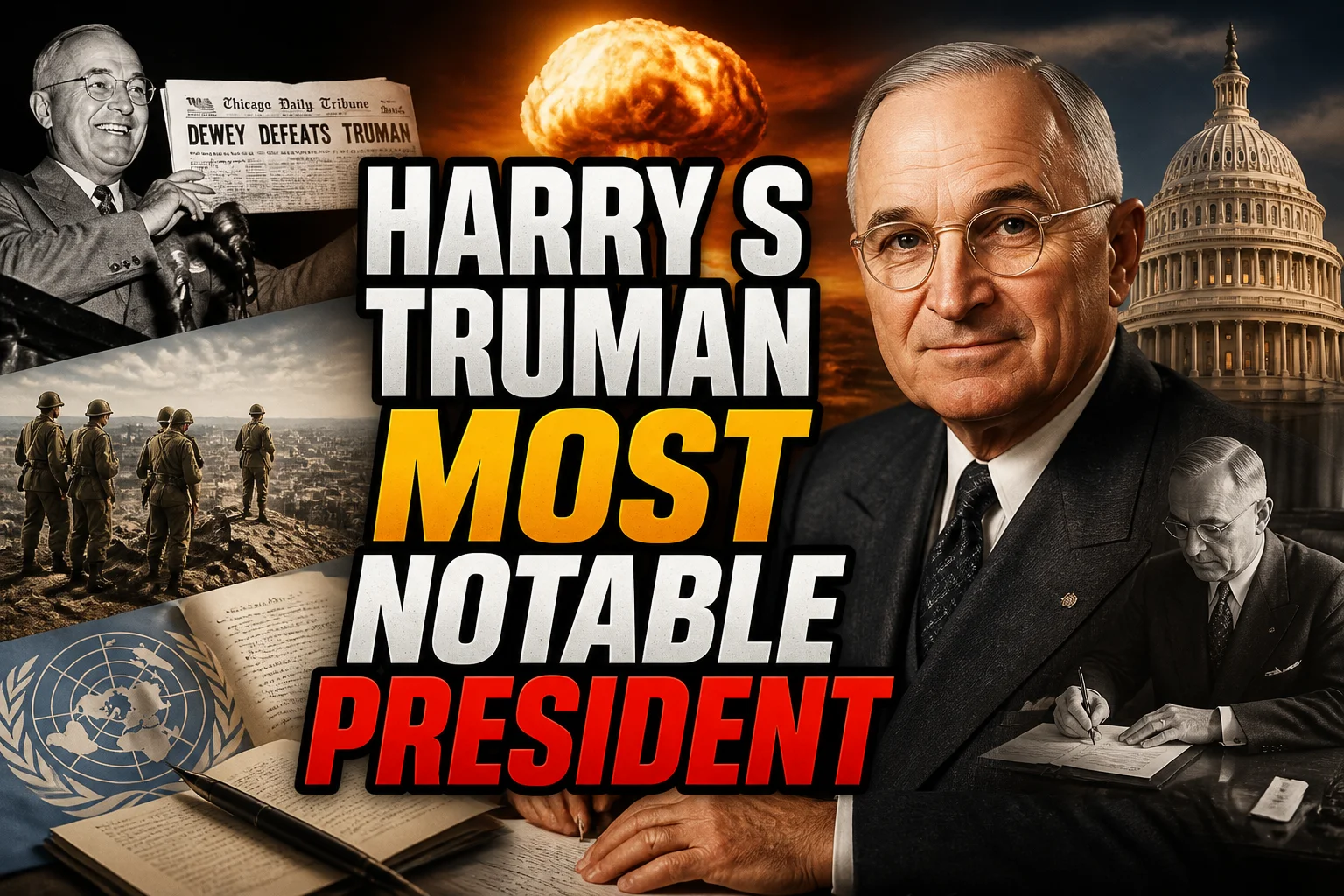A bold, high-impact blog featured image in the style of a professional YouTube thumbnail or documentary poster. Create a dramatic photo-collage montage of 3-5 distinct historical scenes, subjects, or artifacts directly relevant to "Why Harry S. Truman Is One of the Most Notable Presidents in History" — vivid, cinematic documentary-photography style, rich color grading, high contrast, dynamic diagonal composition blending the scenes together. Overlay a large, bold, stacked headline of text on top reading exactly: "HARRY S TRUMAN MOST NOTABLE PRESIDENT". Render the headline in a heavy, condensed, high-contrast font with a black outline/stroke for legibility, mixing white text with a single vibrant accent color (gold, red, or orange) on the most important word or phrase for emphasis, spelled correctly. The headline text must be the dominant visual element — large, bold, and easy to read even at small thumbnail size. Vibrant, punchy, professional commercial photography and graphic-design composition. 16:9 landscape. Keep the headline text within the vertical center safe zone, away from the very top and bottom edges of the frame, since the image may be cropped afterward. No watermarks, no logos, no extra captions or invented text beyond the headline itself.