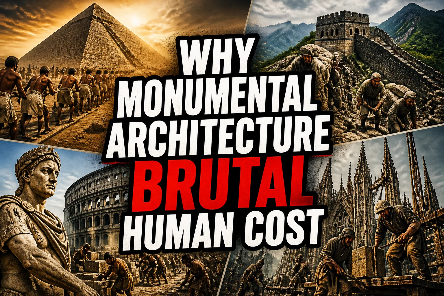 Why Monumental Architecture Usually Comes With a Brutal Human Cost 2 A bold, high-impact blog featured image in the style of a professional YouTube thumbnail or documentary poster. Create a dramatic photo-collage montage of 3-5 distinct historical scenes, subjects, or artifacts directly relevant to "Why Monumental Architecture Usually Comes With a Brutal Human Cost" — vivid, cinematic documentary-photography style, rich color grading, high contrast, dynamic diagonal composition blending the scenes together. Overlay a large, bold, stacked headline of text on top reading exactly: "WHY MONUMENTAL ARCHITECTURE BRUTAL HUMAN COST". Render the headline in a heavy, condensed, high-contrast font with a black outline/stroke for legibility, mixing white text with a single vibrant accent color (gold, red, or orange) on the most important word or phrase for emphasis, spelled correctly. The headline text must be the dominant visual element — large, bold, and easy to read even at small thumbnail size. Vibrant, punchy, professional commercial photography and graphic-design composition. 16:9 landscape. Keep the headline text within the vertical center safe zone, away from the very top and bottom edges of the frame, since the image may be cropped afterward. No watermarks, no logos, no extra captions or invented text beyond the headline itself.