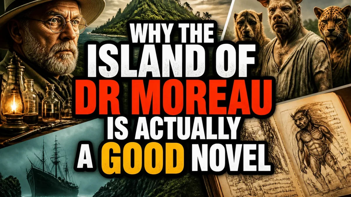 A bold, high-impact blog featured image in the style of a professional YouTube thumbnail or documentary poster. Create a dramatic photo-collage montage of 3-5 distinct historical scenes, subjects, or artifacts directly relevant to "Why The Island Of Dr Moreau Is Actually A Really Good Novel" — vivid, cinematic documentary-photography style, rich color grading, high contrast, dynamic diagonal composition blending the scenes together. Overlay a large, bold, stacked headline of text on top reading exactly: "WHY THE ISLAND OF DR MOREAU IS ACTUALLY A GOOD NOVEL". Render the headline in a heavy, condensed, high-contrast font with a black outline/stroke for legibility, mixing white text with a single vibrant accent color (gold, red, or orange) on the most important word or phrase for emphasis, spelled correctly. The headline text must be the dominant visual element — large, bold, and easy to read even at small thumbnail size. Vibrant, punchy, professional commercial photography and graphic-design composition. 16:9 landscape. Keep the headline text within the vertical center safe zone, away from the very top and bottom edges of the frame, since the image may be cropped afterward. No watermarks, no logos, no extra captions or invented text beyond the headline itself.