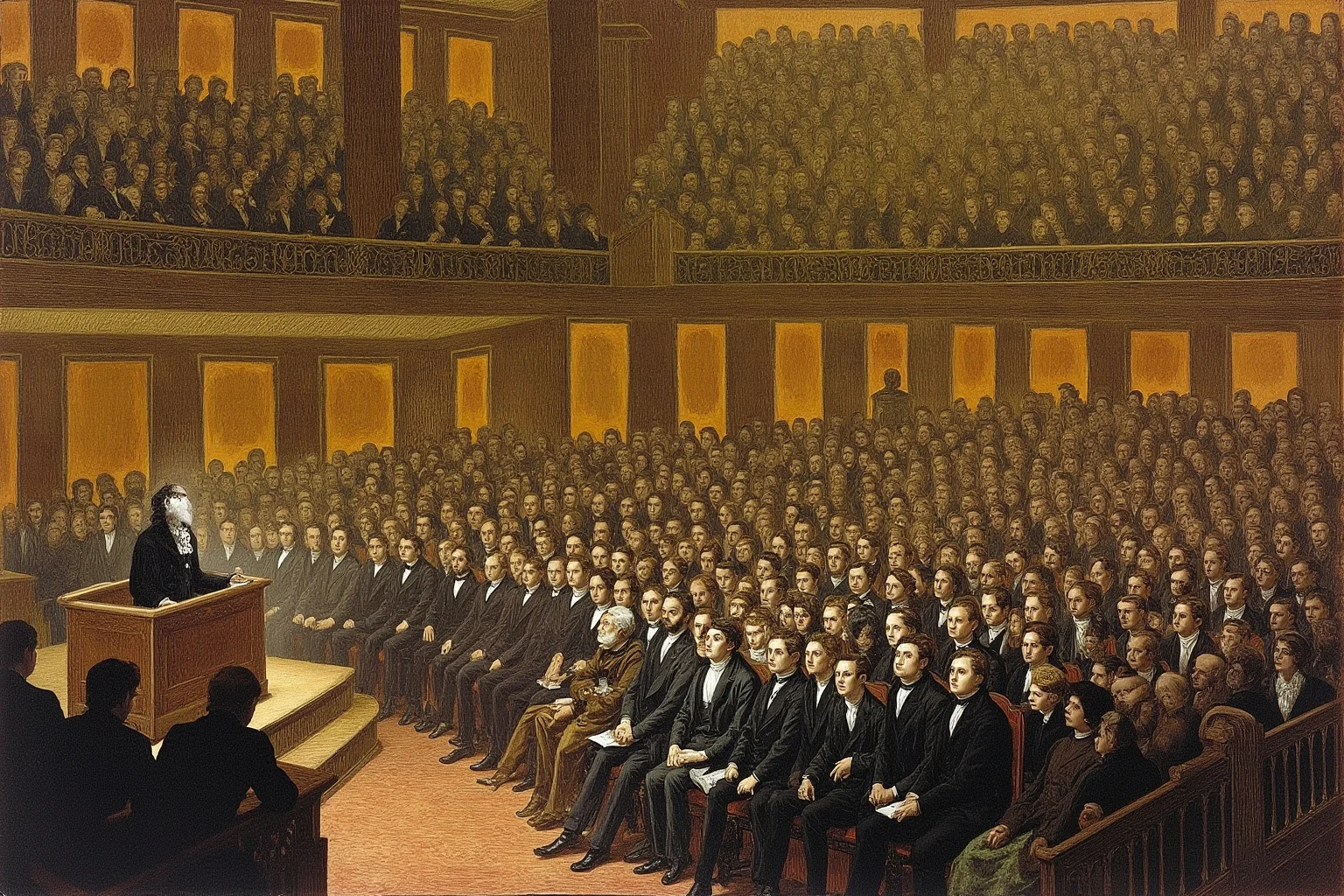 Charles Farrar Browne: America's First Stand-Up Comedian 4 Wide illustration of a crowded 19th-century lecture hall with a single performer at a lectern, packed rows of seated patrons in period dress, warm stage lighting