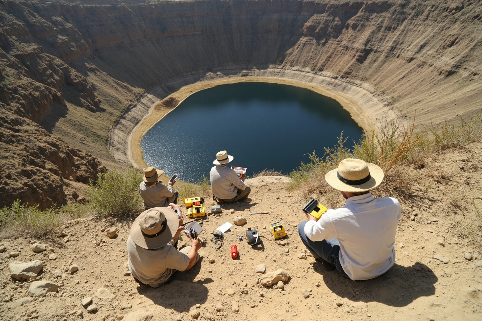 This New Easter Island Discovery Has Left Researchers Completely Baffled 3 Wide shot of researchers in sun hats and khaki clothing mapping an archaeological site near a crater lake, with drones and measuring equipment visible, natural daylight, no identifiable faces.