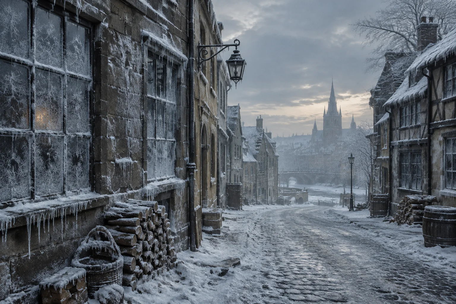 The Single Worst Time Period in Human History? What the Evidence Actually Shows 13 Winter of 1709: frozen European city street with ice on windows and sparse firewood piles, muted frosty tones.