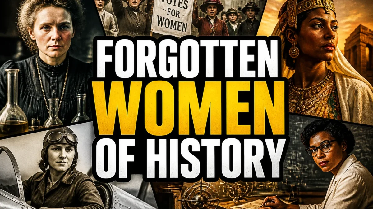 A bold, high-impact blog featured image in the style of a professional YouTube thumbnail or documentary poster. Create a dramatic photo-collage montage of 3-5 distinct historical scenes, subjects, or artifacts directly relevant to "Women Forgotten by History: 20 Real Figures Who Changed the World" — vivid, cinematic documentary-photography style, rich color grading, high contrast, dynamic diagonal composition blending the scenes together. Overlay a large, bold, stacked headline of text on top reading exactly: "FORGOTTEN WOMEN OF HISTORY". Render the headline in a heavy, condensed, high-contrast font with a black outline/stroke for legibility, mixing white text with a single vibrant accent color (gold, red, or orange) on the most important word or phrase for emphasis, spelled correctly. The headline text must be the dominant visual element — large, bold, and easy to read even at small thumbnail size. Vibrant, punchy, professional commercial photography and graphic-design composition. 16:9 landscape. Keep the headline text within the vertical center safe zone, away from the very top and bottom edges of the frame, since the image may be cropped afterward. No watermarks, no logos, no extra captions or invented text beyond the headline itself.