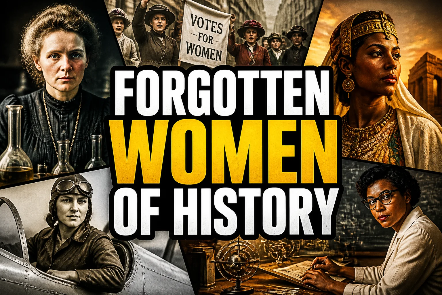A bold, high-impact blog featured image in the style of a professional YouTube thumbnail or documentary poster. Create a dramatic photo-collage montage of 3-5 distinct historical scenes, subjects, or artifacts directly relevant to "Women Forgotten by History: 20 Real Figures Who Changed the World" — vivid, cinematic documentary-photography style, rich color grading, high contrast, dynamic diagonal composition blending the scenes together. Overlay a large, bold, stacked headline of text on top reading exactly: "FORGOTTEN WOMEN OF HISTORY". Render the headline in a heavy, condensed, high-contrast font with a black outline/stroke for legibility, mixing white text with a single vibrant accent color (gold, red, or orange) on the most important word or phrase for emphasis, spelled correctly. The headline text must be the dominant visual element — large, bold, and easy to read even at small thumbnail size. Vibrant, punchy, professional commercial photography and graphic-design composition. 16:9 landscape. Keep the headline text within the vertical center safe zone, away from the very top and bottom edges of the frame, since the image may be cropped afterward. No watermarks, no logos, no extra captions or invented text beyond the headline itself.