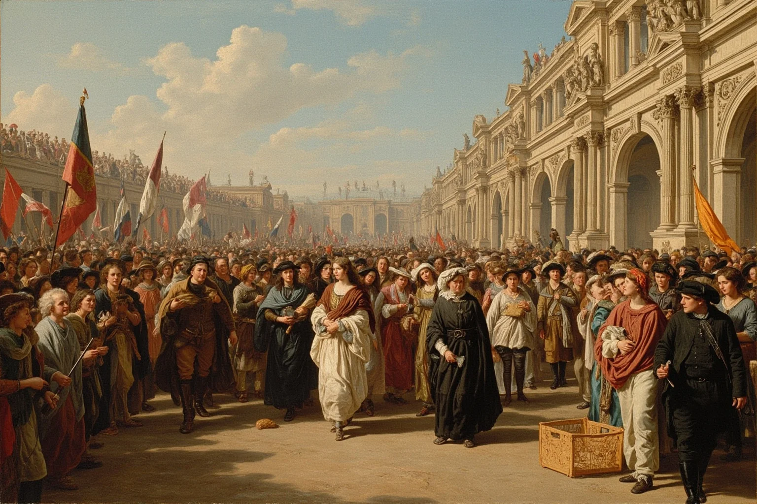 Fascinating Facts About The French Revolution 13 Women marching to Versailles in October 1789, demanding bread, with the royal family later returning to Paris, historical scene.