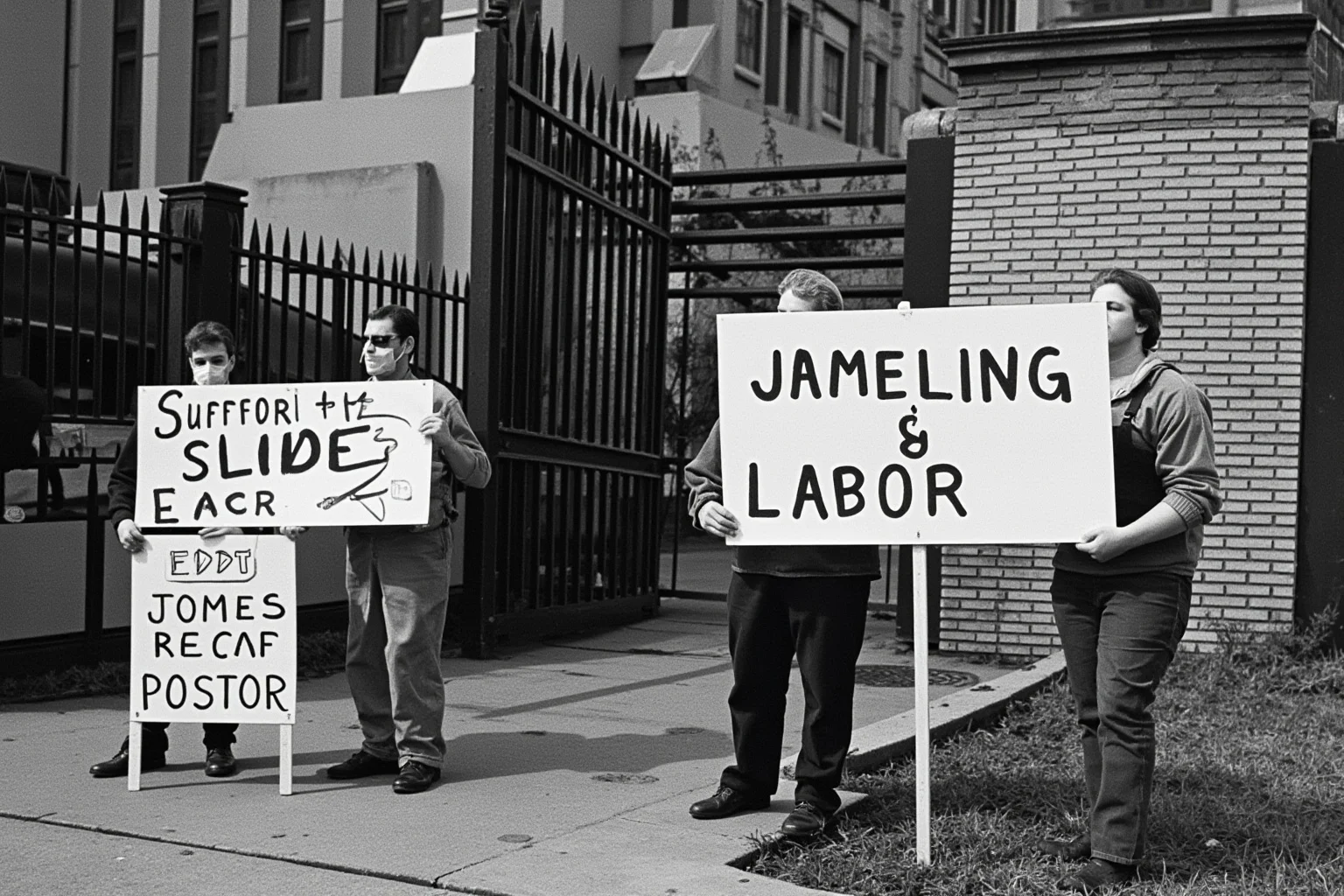 Workers holding a strike sign outside a factory gate, representing labor union activity.