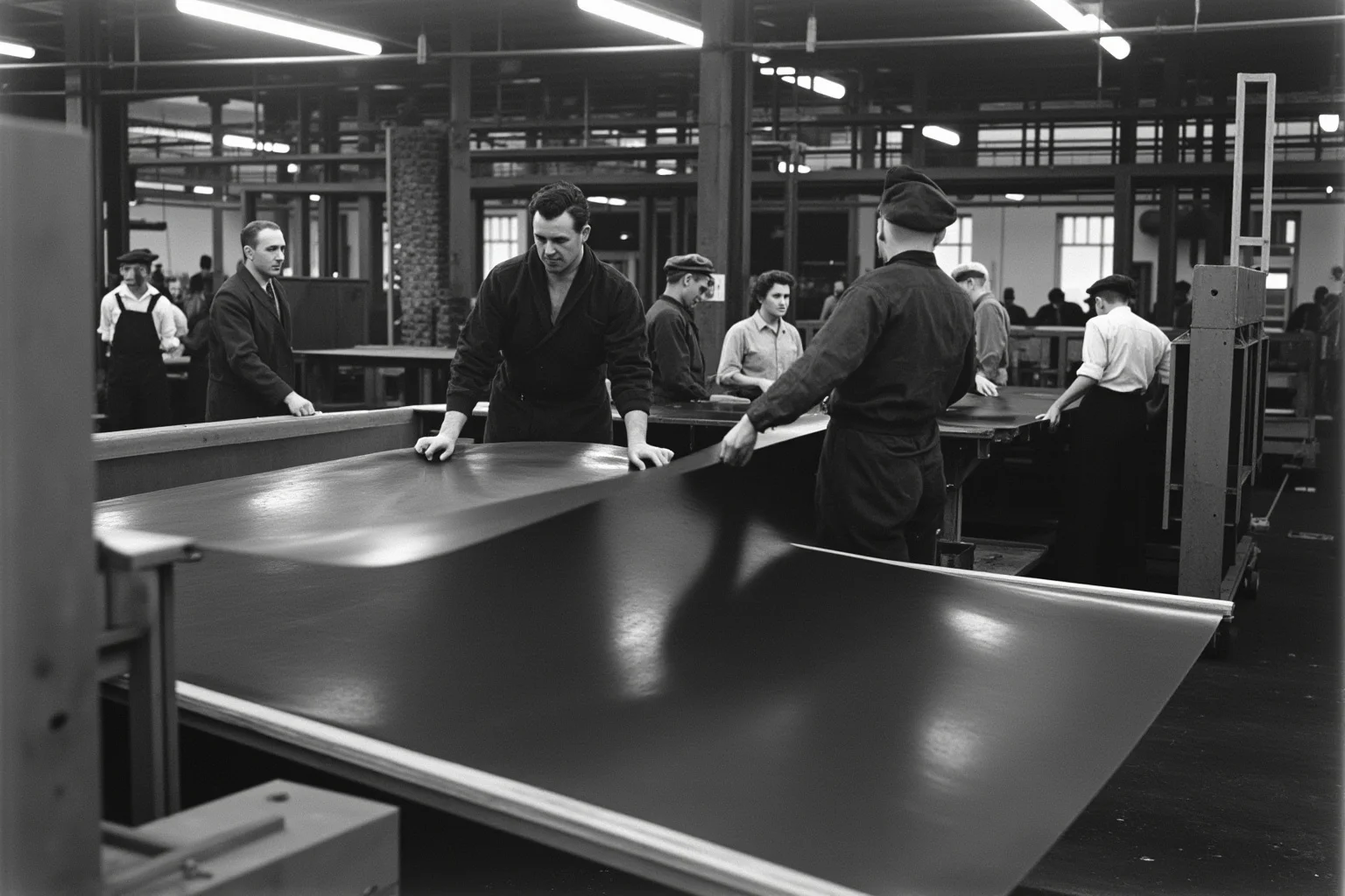 Workers in a 1940s synthetic rubber factory handling large sheets of rubber, industrial setting