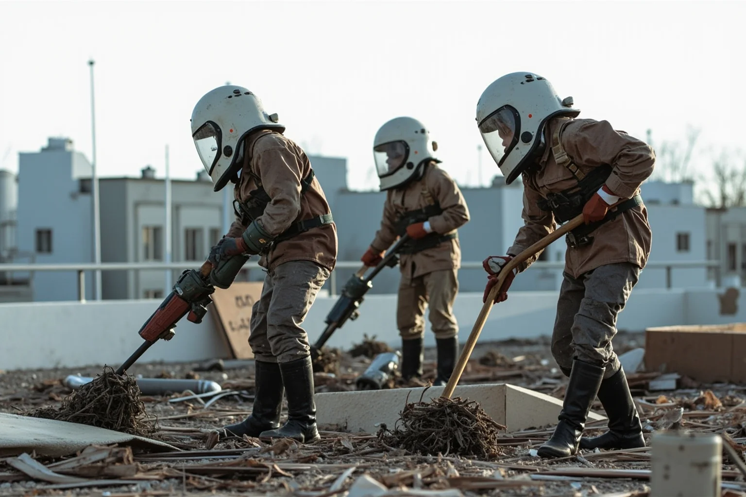 Workers in heavy protective suits shoveling debris on a rooftop, with a clock showing seconds, representing the 'bio-robots' short shifts.
