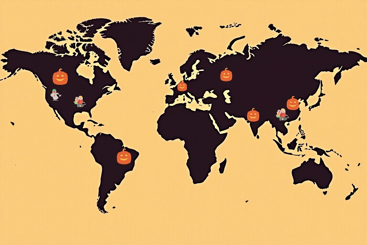 World map styled illustration showing Halloween celebrations across different countries with small cultural icons, warm colors, no text