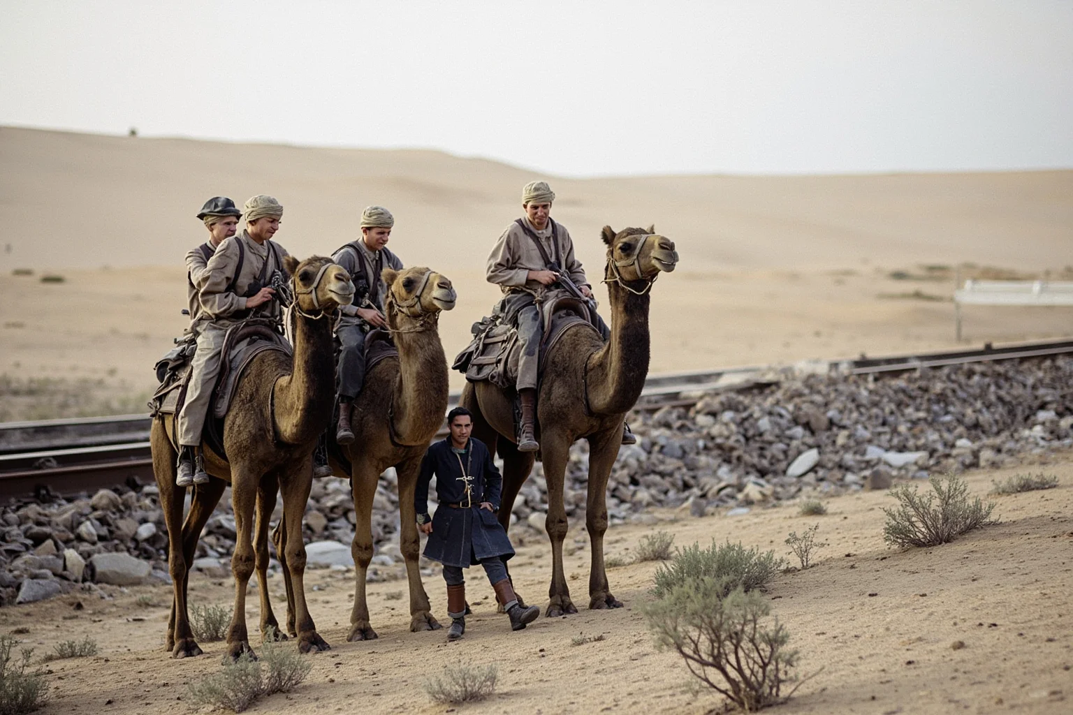 World War I desert raiders on camels near a damaged railway, arid landscape, dusty light, no recognizable faces