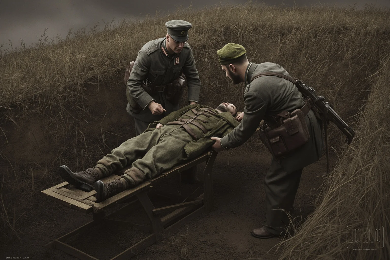 World War I trench with a medic tending to a wounded soldier on a stretcher, muted painterly style