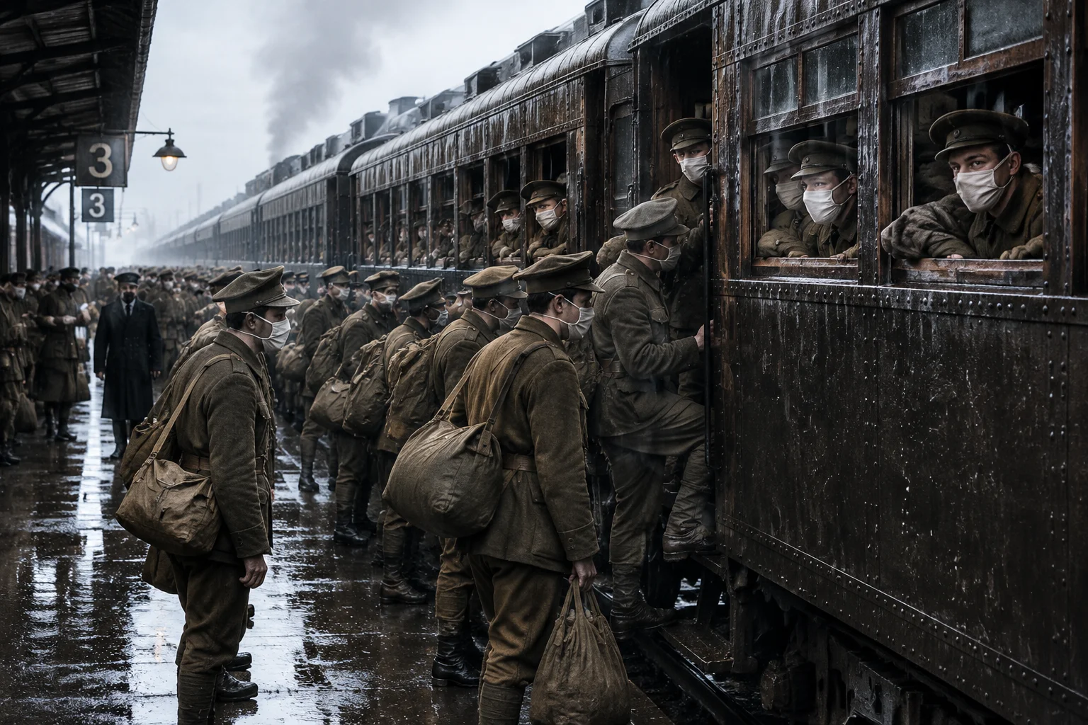 World War I troop train crowded with soldiers, 1918 flu masks, rainy platform