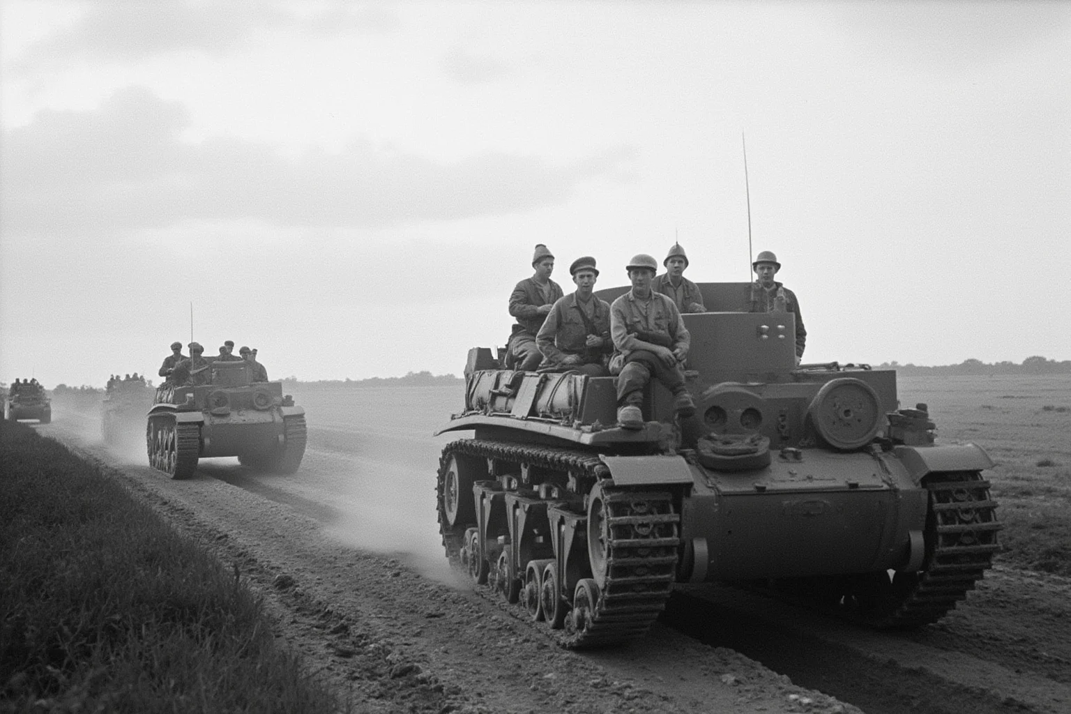 World War II era tanks advancing across open countryside, dust clouds, overcast sky, no recognizable faces