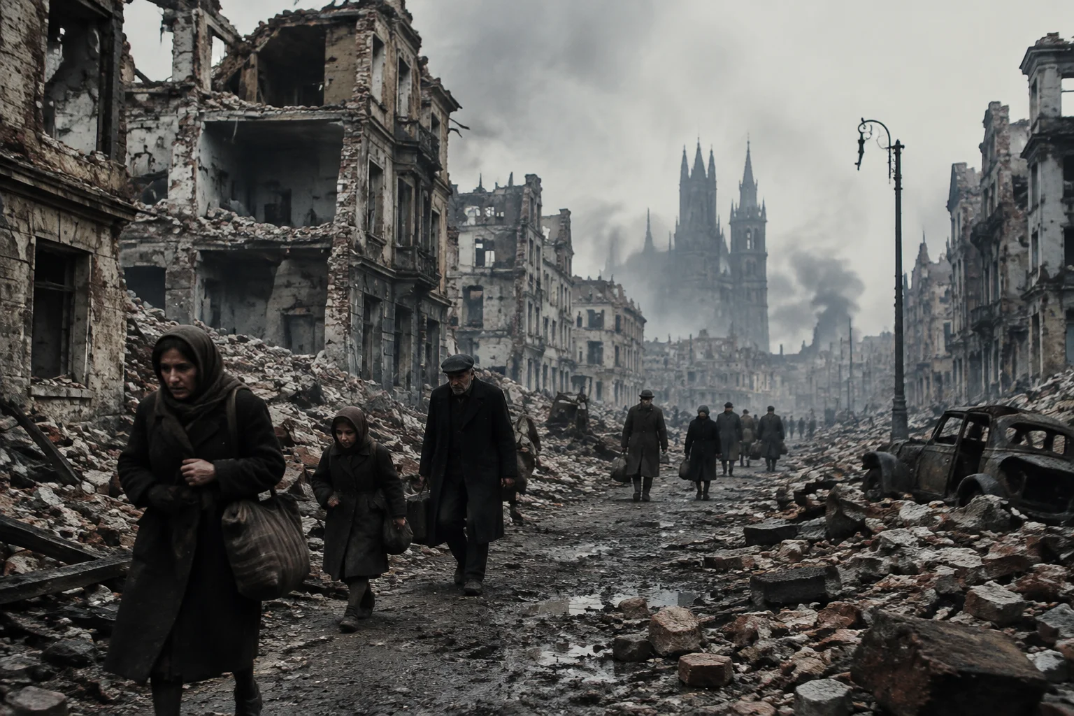 The Single Worst Time Period in Human History? What the Evidence Actually Shows 18 World War II European city in ruins with civilians walking through rubble, somber faded color palette.