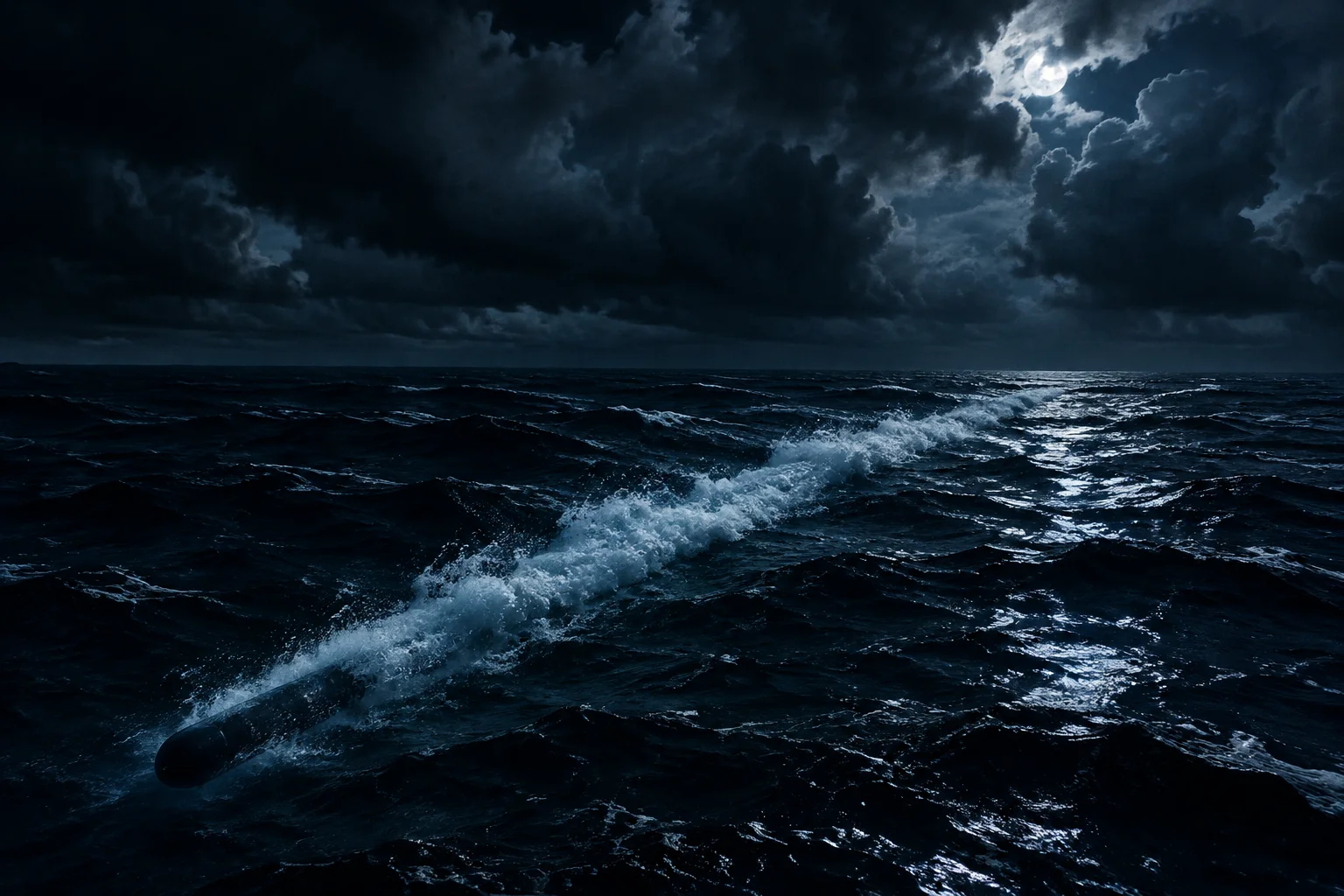 World War II naval scene in the Pacific at night with a torpedo wake and dark ocean, dramatic storm clouds, no recognizable ships or faces