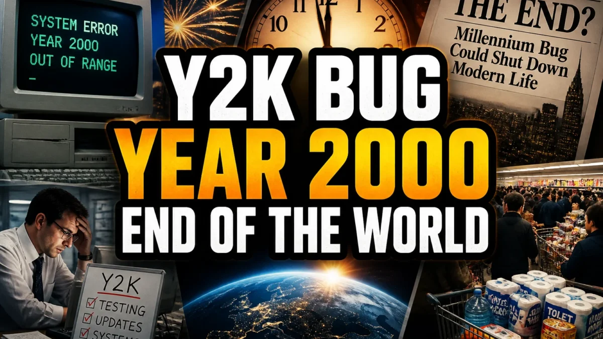 A bold, high-impact blog featured image in the style of a professional YouTube thumbnail or documentary poster. Create a dramatic photo-collage montage of 3-5 distinct historical scenes, subjects, or artifacts directly relevant to "Y2K Bug: Why Did Everyone Think the Year 2000 Was the End of the World?" — vivid, cinematic documentary-photography style, rich color grading, high contrast, dynamic diagonal composition blending the scenes together. Overlay a large, bold, stacked headline of text on top reading exactly: "Y2K BUG YEAR 2000 END OF THE WORLD". Render the headline in a heavy, condensed, high-contrast font with a black outline/stroke for legibility, mixing white text with a single vibrant accent color (gold, red, or orange) on the most important word or phrase for emphasis, spelled correctly. The headline text must be the dominant visual element — large, bold, and easy to read even at small thumbnail size. Vibrant, punchy, professional commercial photography and graphic-design composition. 16:9 landscape. Keep the headline text within the vertical center safe zone, away from the very top and bottom edges of the frame, since the image may be cropped afterward. No watermarks, no logos, no extra captions or invented text beyond the headline itself.