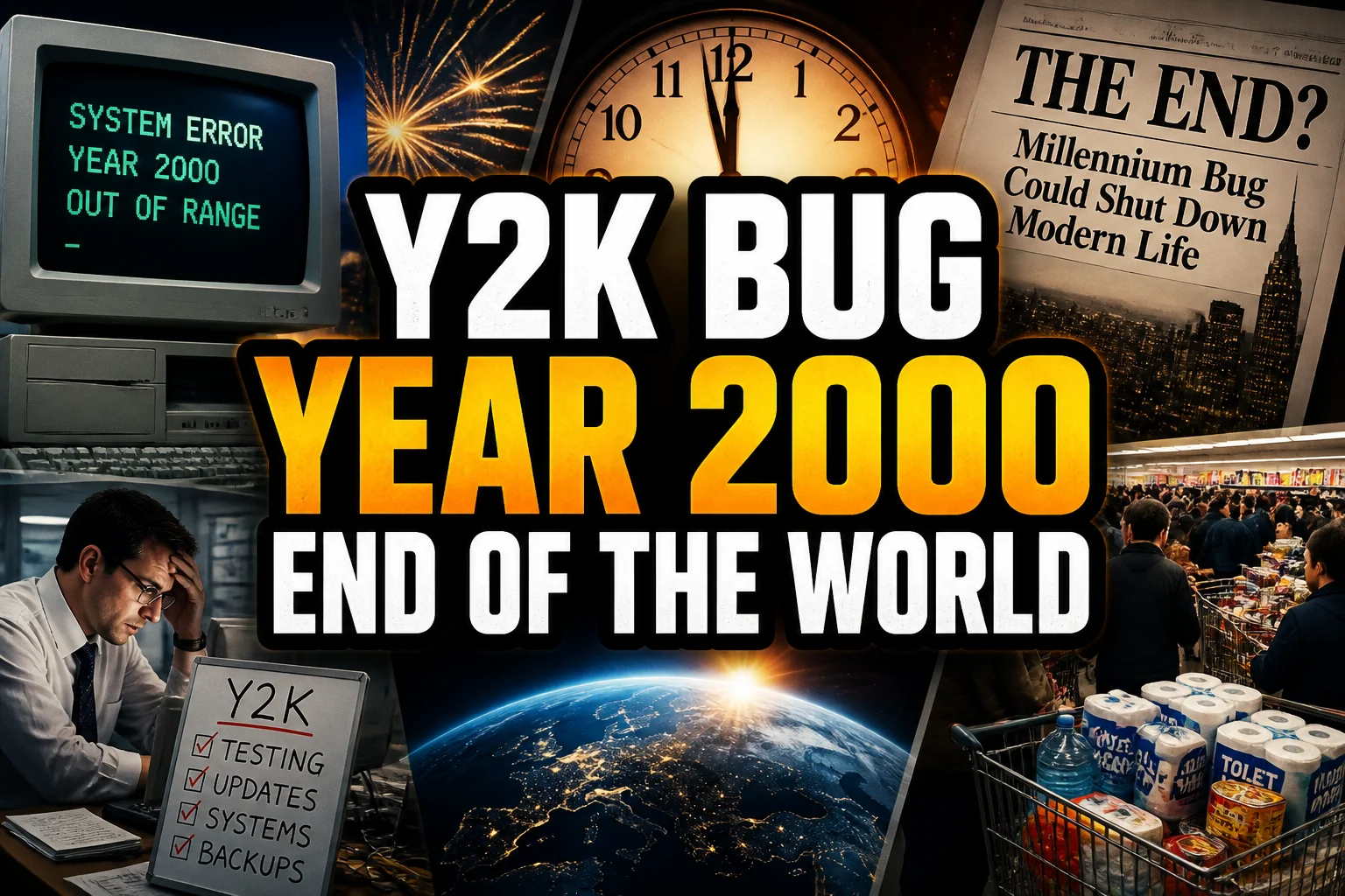 A bold, high-impact blog featured image in the style of a professional YouTube thumbnail or documentary poster. Create a dramatic photo-collage montage of 3-5 distinct historical scenes, subjects, or artifacts directly relevant to "Y2K Bug: Why Did Everyone Think the Year 2000 Was the End of the World?" — vivid, cinematic documentary-photography style, rich color grading, high contrast, dynamic diagonal composition blending the scenes together. Overlay a large, bold, stacked headline of text on top reading exactly: "Y2K BUG YEAR 2000 END OF THE WORLD". Render the headline in a heavy, condensed, high-contrast font with a black outline/stroke for legibility, mixing white text with a single vibrant accent color (gold, red, or orange) on the most important word or phrase for emphasis, spelled correctly. The headline text must be the dominant visual element — large, bold, and easy to read even at small thumbnail size. Vibrant, punchy, professional commercial photography and graphic-design composition. 16:9 landscape. Keep the headline text within the vertical center safe zone, away from the very top and bottom edges of the frame, since the image may be cropped afterward. No watermarks, no logos, no extra captions or invented text beyond the headline itself.