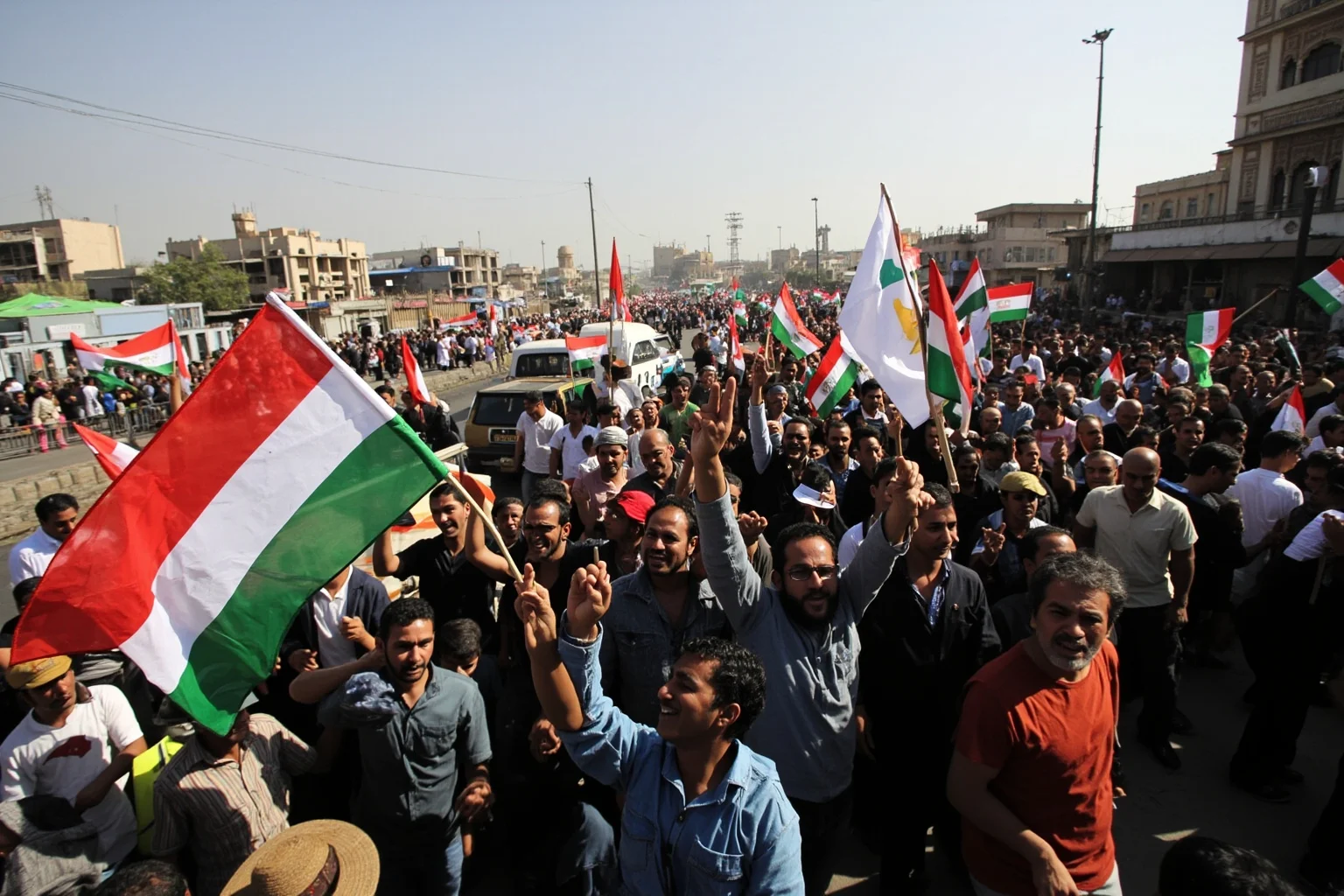 21 Times Governments Were Overthrown by the People 20 Yemeni protesters in Sana'a, 2011, colorful banners, crowded street, Middle Eastern cityscape, documentary style.