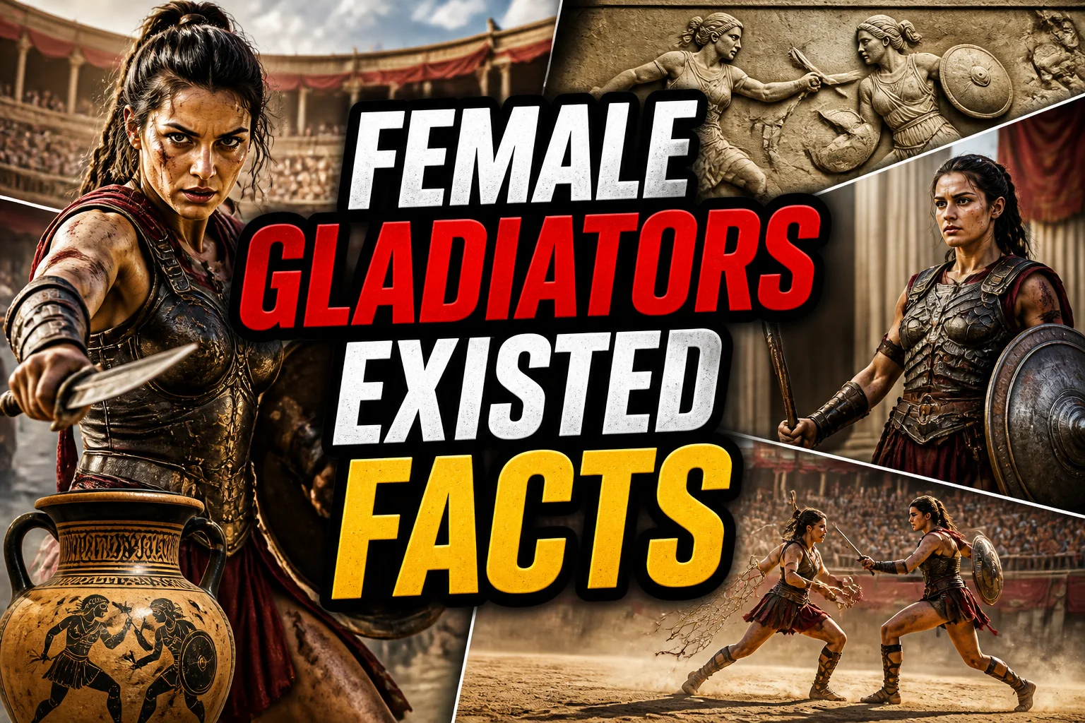 Yes, Female Gladiators Existed — And Here's Everything You Need to Know About Them 2 A bold, high-impact blog featured image in the style of a professional YouTube thumbnail or documentary poster. Create a dramatic photo-collage montage of 3-5 distinct historical scenes, subjects, or artifacts directly relevant to "Yes, Female Gladiators Existed — And Here's Everything You Need to Know About Them" — vivid, cinematic documentary-photography style, rich color grading, high contrast, dynamic diagonal composition blending the scenes together. Overlay a large, bold, stacked headline of text on top reading exactly: "FEMALE GLADIATORS EXISTED FACTS". Render the headline in a heavy, condensed, high-contrast font with a black outline/stroke for legibility, mixing white text with a single vibrant accent color (gold, red, or orange) on the most important word or phrase for emphasis, spelled correctly. The headline text must be the dominant visual element — large, bold, and easy to read even at small thumbnail size. Vibrant, punchy, professional commercial photography and graphic-design composition. 16:9 landscape. Keep the headline text within the vertical center safe zone, away from the very top and bottom edges of the frame, since the image may be cropped afterward. No watermarks, no logos, no extra captions or invented text beyond the headline itself.
