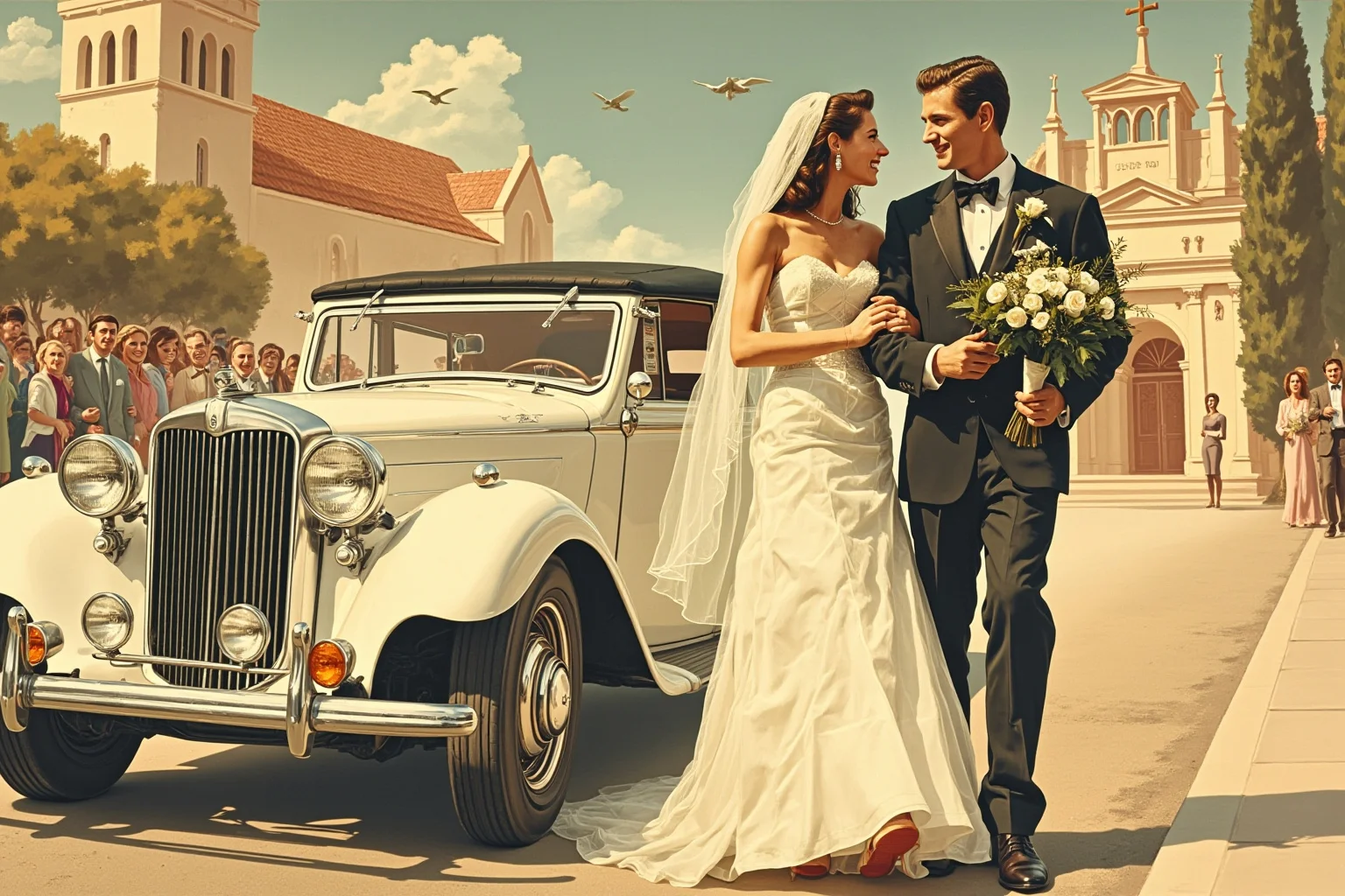 Young 1950s newlyweds leaving a church in a wedding procession with a vintage car, warm retro illustration