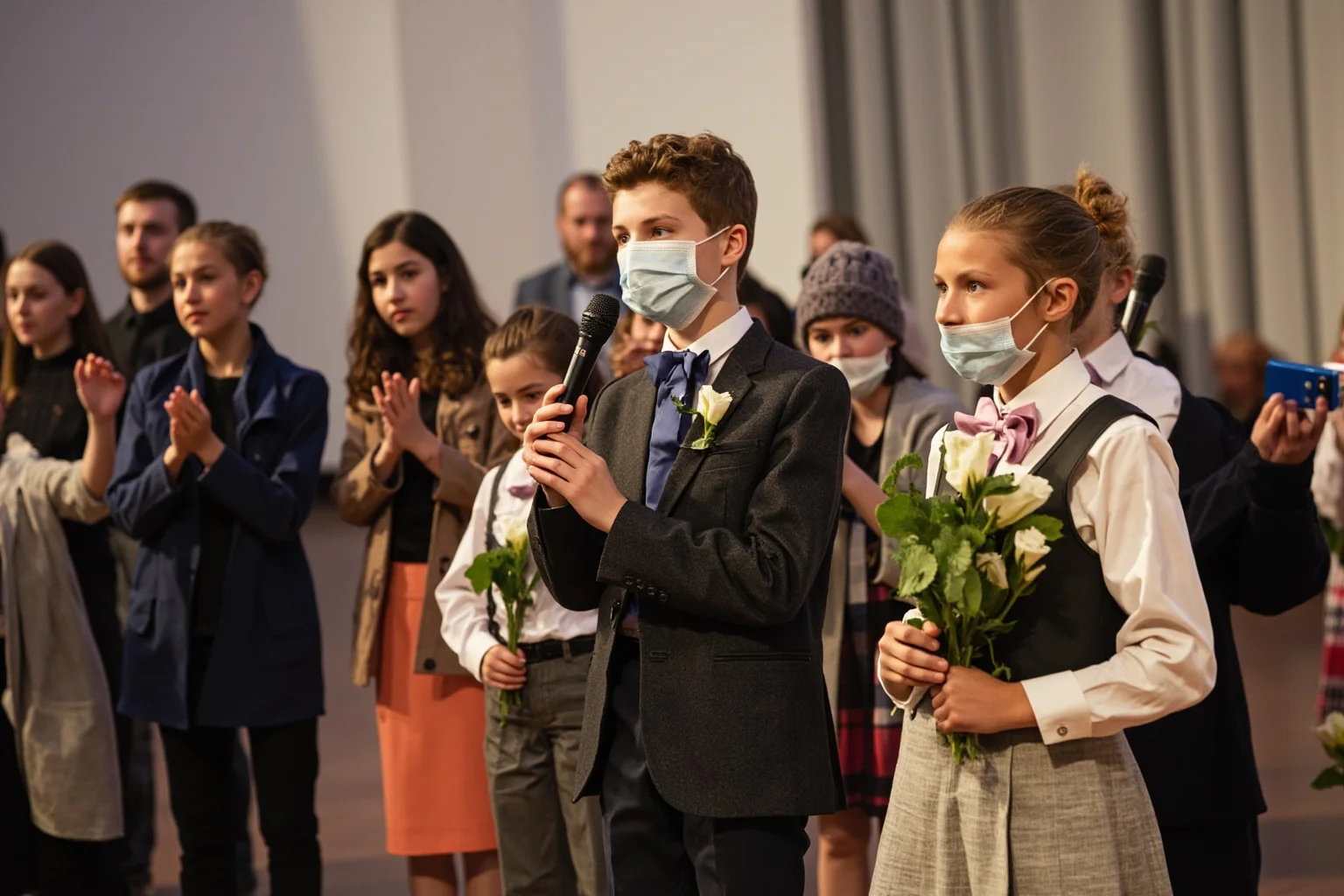 Young German teenagers in formal clothes holding flowers on a stage at a secular Jugendweihe ceremony, parents applauding