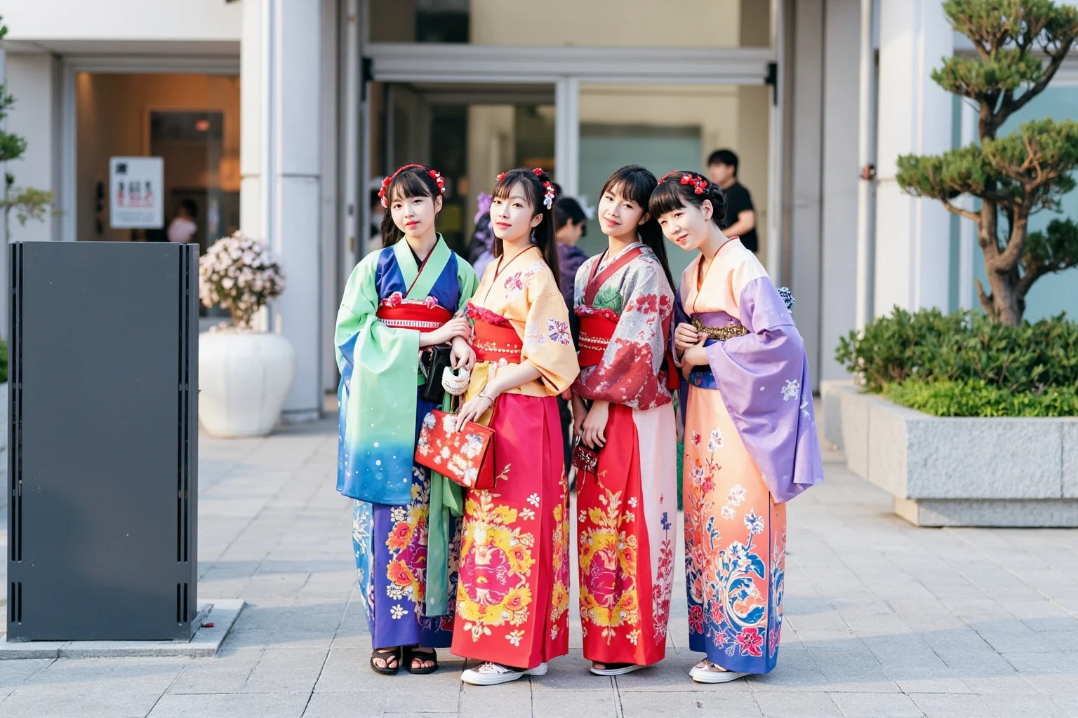 Young women in colorful furisode kimono posing together in a Japanese city hall courtyard on Coming of Age Day, winter morning